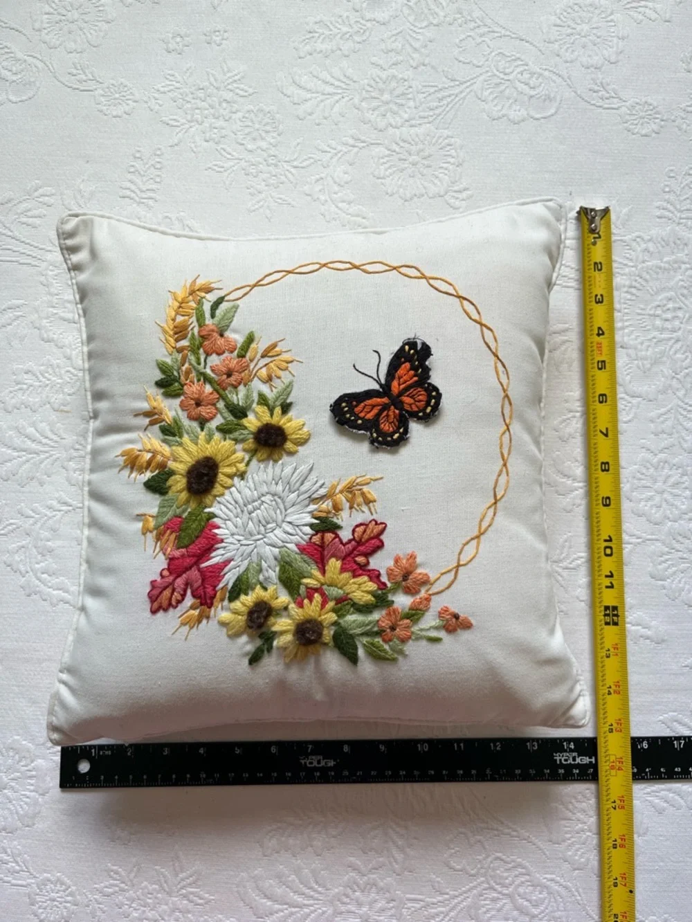 Vintage Embroidered Floral Butterfly Applique Decorative Pillow